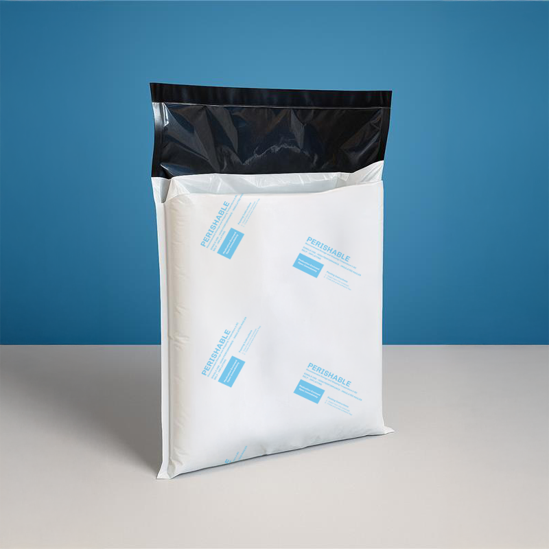 product image of the PopupMailer Insulated Mailer, a white insulated shipping pouch standing upright against a smooth blue gradient background.