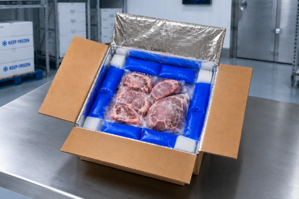 Open insulated shipping box filled with frozen meat, blue gel packs and white cooling packs in a cold-storage facility.